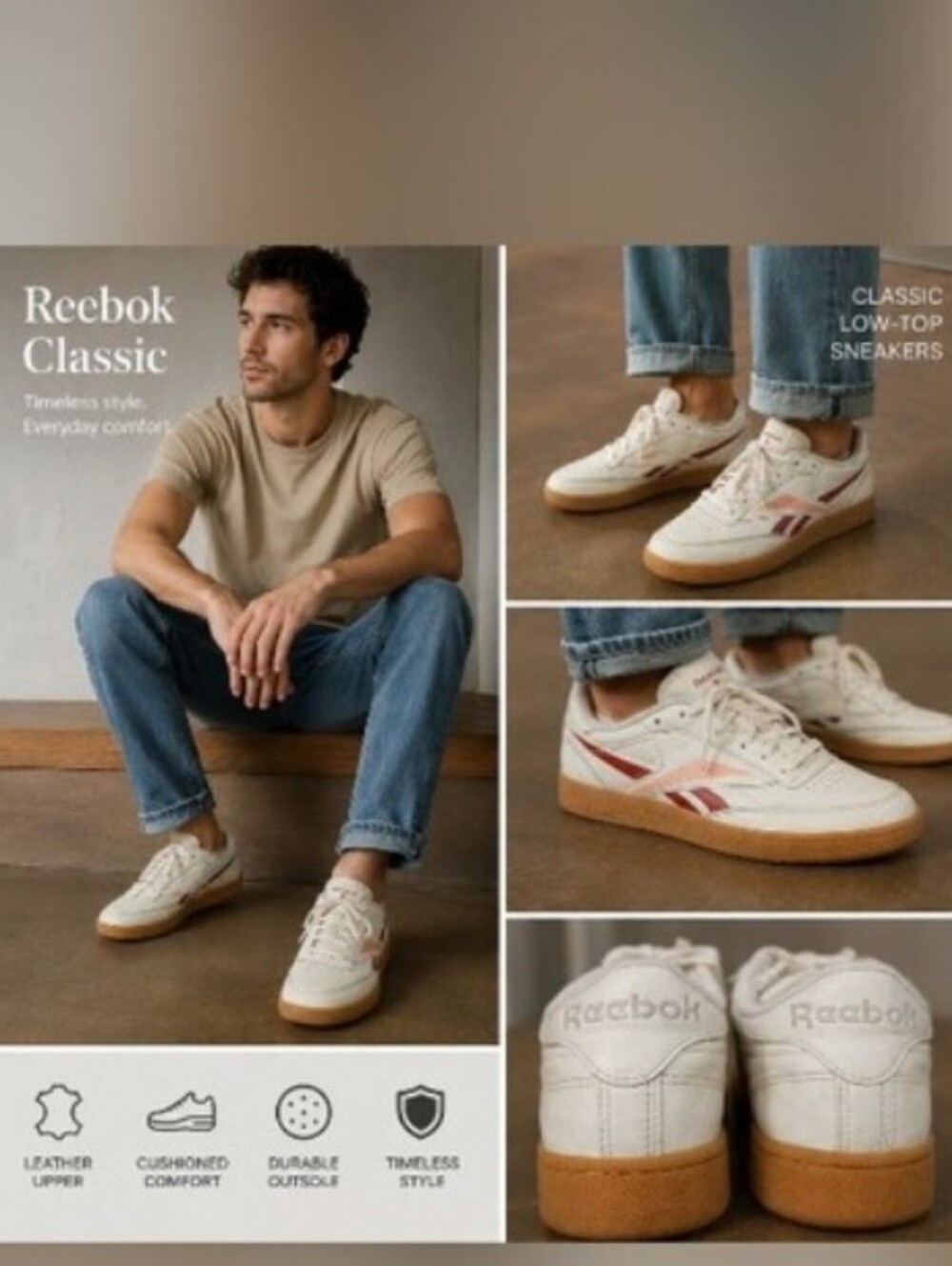 Reebok Men's Classic Low-Top Uppear Leather Sneakers in White with Gum Sole Size